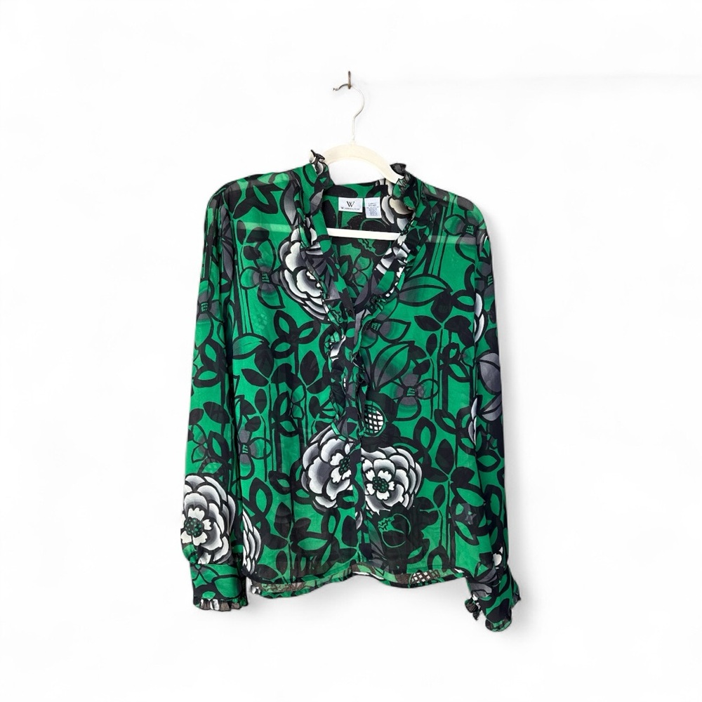 Worthington Green and Black Sheer Floral Button Down Shirt Size Large